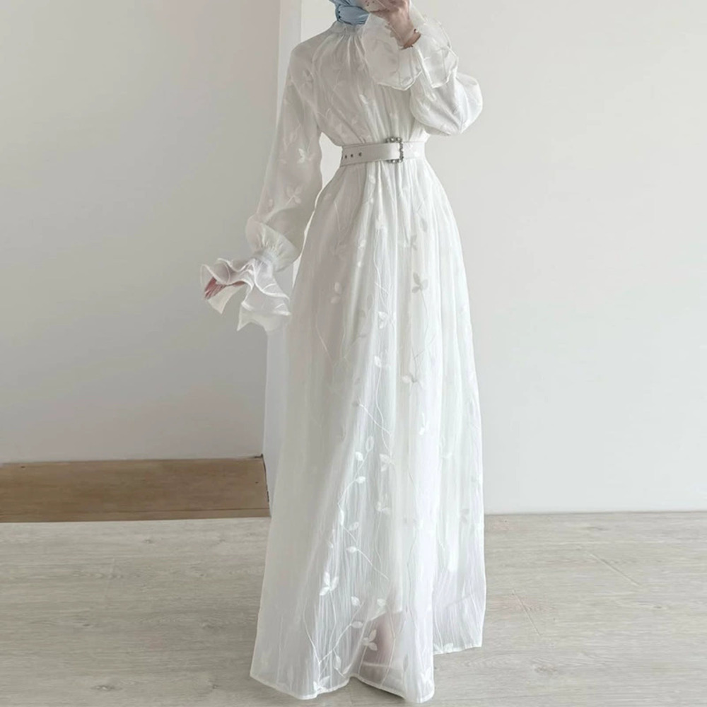 Forever 21 Simple White Chiffon Bell Sleeve Dress with Belt